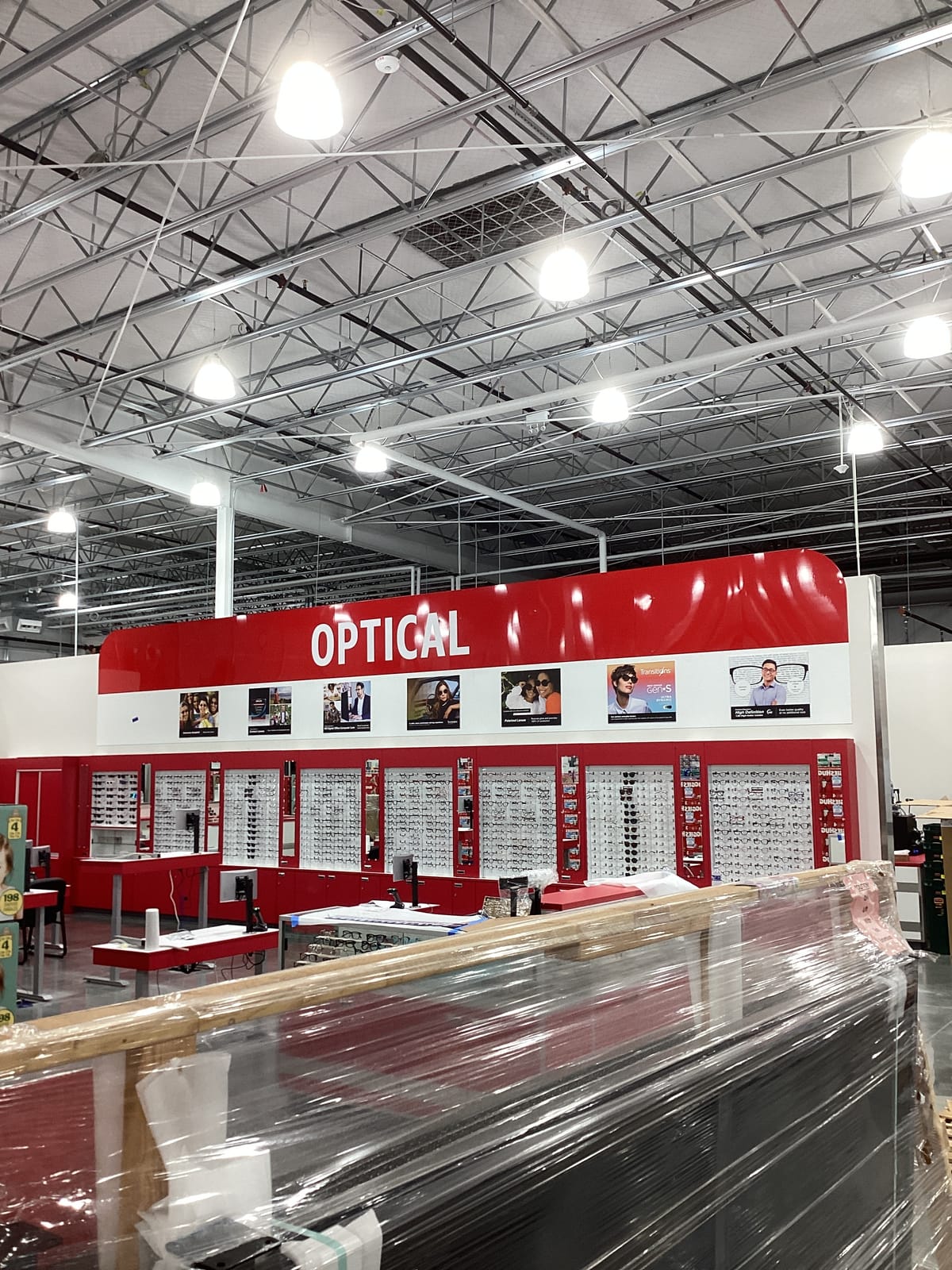 Optical department and open-web steel structure inside the Costco warehouse in Stone Mountain, Georgia